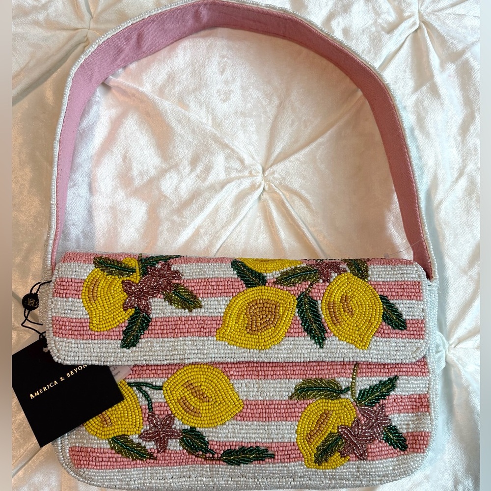 🍋 America & Beyond Lemon Beaded Bag | Pink Stripe Shoulder Purse